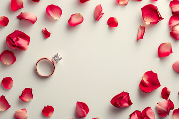 Engagement Ring and Rose Petals, Proposal Concept, Romantic Valentine's Day Background