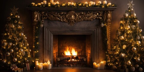 Fototapeta premium Stunning holiday decor with fireplace and fir tree.