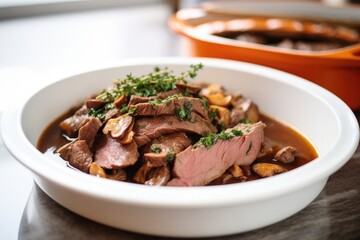 partially sliced beef in bourguignon sauce with mushrooms