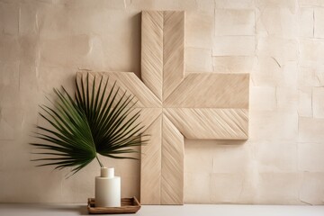 Palm leaf and cross on stone wall against beige background, palm crosses picture