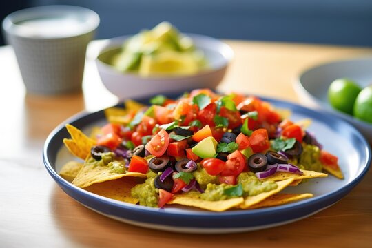 Vegan Nachos With Guacamole And Black Beans On Plate