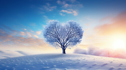 Fototapeta na wymiar Heart shape tree in winter snow