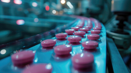 Industrial pharmaceutical production line with a series of purple capsules organized in rows on a conveyor belt