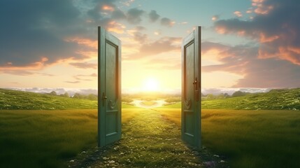 Fototapeta premium Opened Door on Long Path on Green Field. New, Journey, Adventure, Start, Begin, Life, Change 