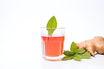 clear glass of beet kvass on white backdrop with fresh beets beside it - obrazy, fototapety, plakaty