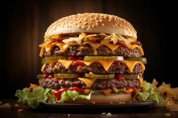 Cheeseburger with a Splash of Ketchup, on an isolated Tomato Red background, Generative AI