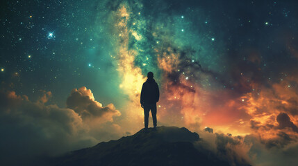 Mann steht auf dem Gipfel eines Berges und schaut in einen überklaren mystischen Sternenhimmel 
