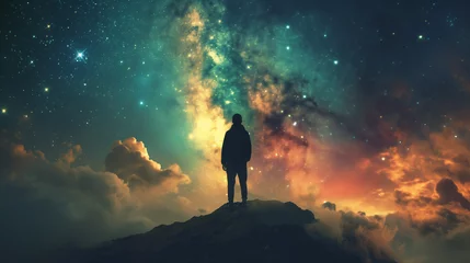 Foto op Plexiglas Mann steht auf dem Gipfel eines Berges und schaut in einen überklaren mystischen Sternenhimmel  © pegasus24.com