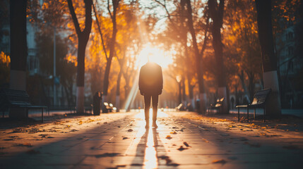 Ein Mann steht im Sonnenlicht auf einer Straße - obrazy, fototapety, plakaty
