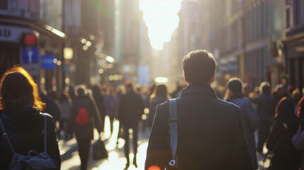 Ein Mann läuft in der Fußgängerzone entlang mit vielen Menschen in einer Stadt - obrazy, fototapety, plakaty