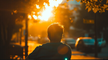 Ein Mann sitzt am Abend an einer Straße die Sonne scheint vielleicht ist es Herbst - obrazy, fototapety, plakaty