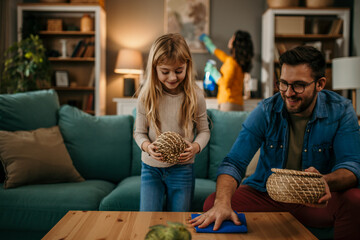 A loving family working together to keep their living space neat and tidy - Powered by Adobe