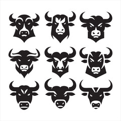 Whispers of the Past: Bull Face Silhouette Set Evoking the Ancient Charm and Wisdom of Bulls - Bull Face Illustration - Ox Vector
