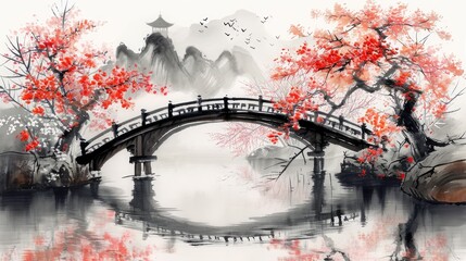 Japanese painting of a semicircular bridge in a garden full of flowers, AI generated Image