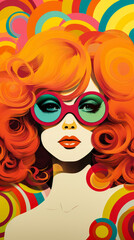 Fototapeta premium Retro style beauty poster illustration with a bold make up and colorful backdrop