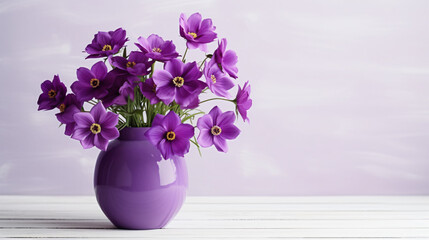 Purple buttercup flowers in a vase on a table