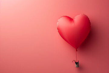 pink heart shaped balloon, red heart on red sky background, Heart-Shaped Hot Air Balloon, Valentine's Day Concept, Romantic Adventure