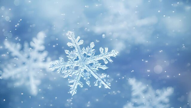 A closeup of snowflakes swirling in the wind against a grey sky background.