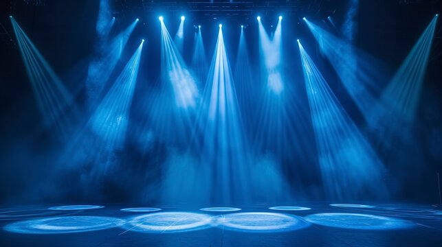 Stage lights, beam lights, blue stage lights, dim background