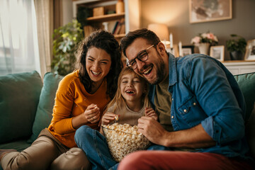 The joy of togetherness as a mom, dad, and daughter share a movie and popcorn in their living room