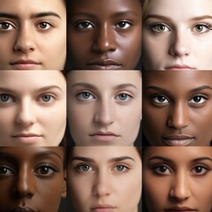 Eyes. Iris. Diversity of eye colors. Eyebrows. Eyelashes. Mascara. Phenotype, race. Eyeball. Pupils. An interracial series of closeup shots of female faces made as a collage. Women's eyes. Arab. Black