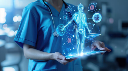 Healthcare professional is using a tablet that displays a holographic projection of a human anatomy model, showcasing various internal systems.