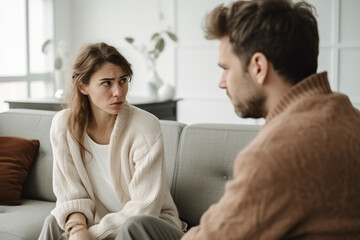 Sad young woman and man argument, сlose up husband in front and upset wife behind looks away, sits at sofa quarrel at home. Family conflict, crisis, psychological abuse, relationships concept