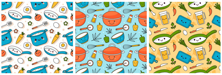 Naklejka premium Set of Cooking Equipment Seamless Pattern Design Illustration in Flat Cartoon Template Hand Drawn