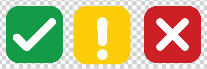 Set of flat square check mark, exclamation point, X mark icons, buttons isolated on a transparent background. EPS10 vector file
