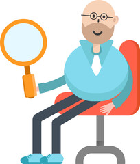Bald man Character Sitting and Holding Magnifier
