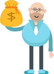 Bald man Character Holding Dollar Sack
