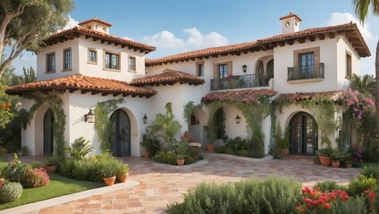 Fototapeta na wymiar A creative and detailed home exterior, highlighting a Mediterranean-inspired villa with stucco walls, terracotta roof tiles, a lush garden filled with colorful flowers and citrus trees. generative AI