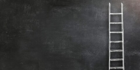 A chalk-drawn ladder reaching towards the top of a blackboard - obrazy, fototapety, plakaty