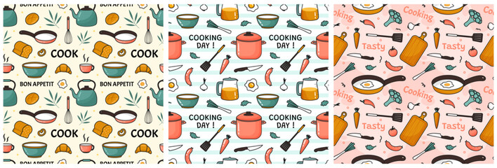 Set of Cooking Equipment Seamless Pattern Design Illustration in Flat Cartoon Template Hand Drawn - obrazy, fototapety, plakaty