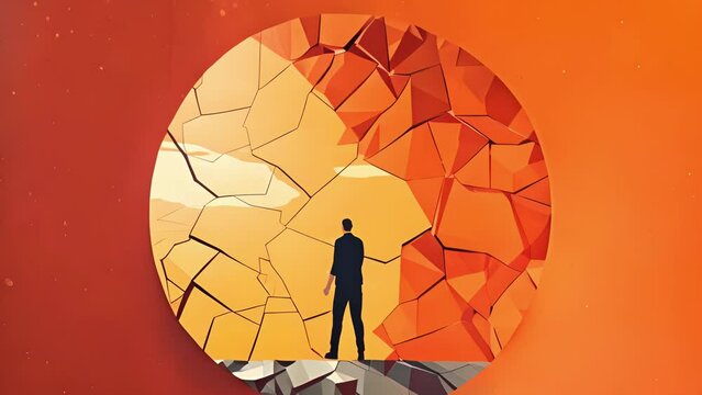 A person holding a cracked distorted mirror unable to clearly see their reflection. Psychology art concept.