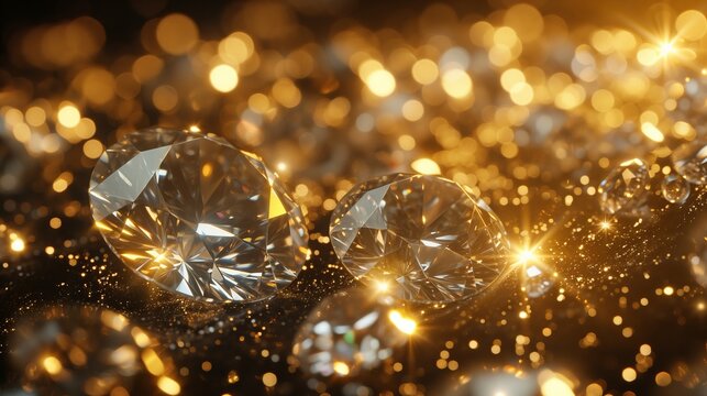 a macro close-up image of many precious stones diamonds or similar zirconia fianit with golden undertone shimmering in the sunlight filling the frame