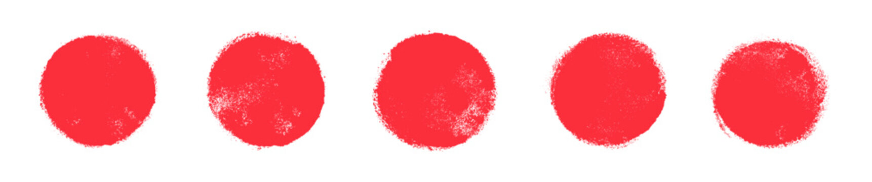Set of vector red brush circles. Rough textured hand painted Japanese flag. Sponge stamp grungy red ink blobs, splashes. Abstract watercolor Japan flag illustration. Symbol of sun, calligraphy art