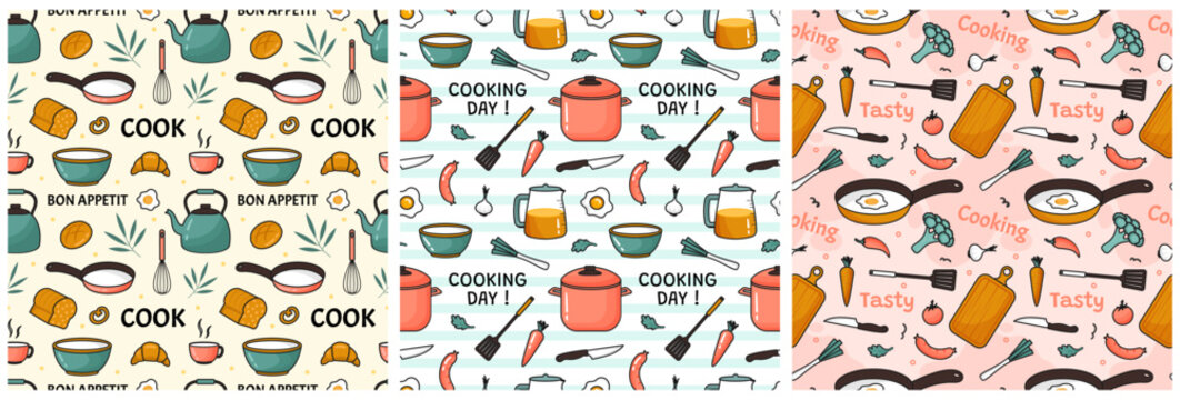 Set of Cooking Equipment Seamless Pattern Design Illustration in Flat Cartoon Template Hand Drawn