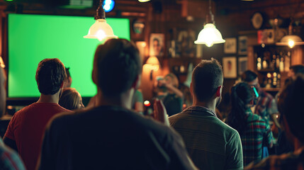 Naklejka premium Group of people in a bar watching a television screen with a green chroma key screen