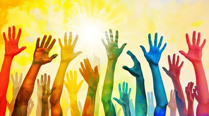 A spectrum of diverse hands reaching towards a radiant sun, embodying the inclusive pursuit of a brighter future where everyone's contributions are valued
