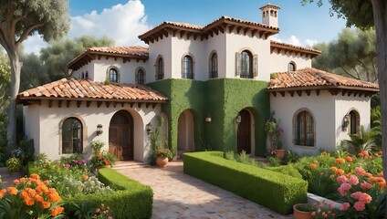 Fototapeta na wymiar A creative and detailed home exterior, highlighting a Mediterranean-inspired villa with stucco walls, terracotta roof tiles, a lush garden filled with colorful flowers and citrus trees. generative AI
