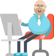 Bald man Character Working on Desktop
