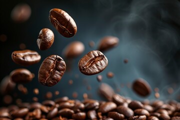 Coffee beans falling, realistic, photography, cinematic still shot