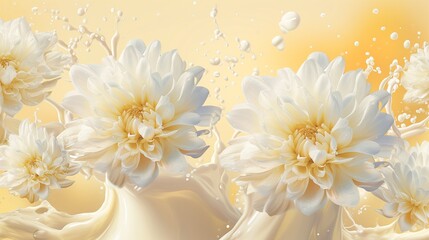 Many delicate tender pink and white big and small open and closed chrysanthemum flowers and buds levitating in the air, surrounded by splashes of white solid liquid water or paint, yellow background