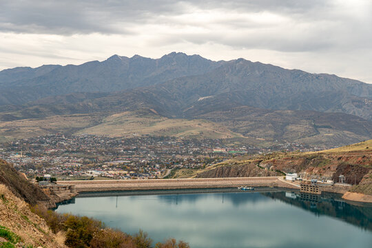 Lake Charvak or Chorvoq is a water reservoir in Chimgan region, Tian Shan or Tengri Tagh mountain range near Taskent city in Uzbekistan