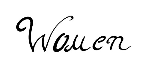 The word Woman in black on a white background. Calligraphy. Rounded lines. Italic font. Written by hand. Lettering.
