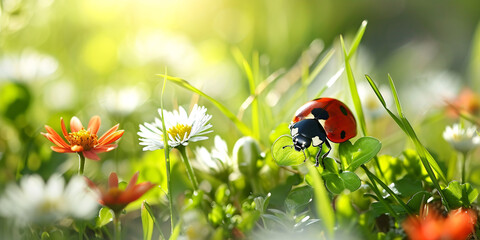 Obraz premium Macro shot of a ladybug in a flower meadow.
