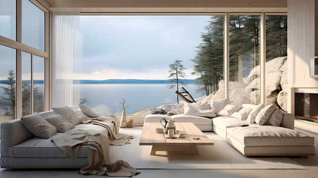 sea view living room in luxury house   under blue sky on sunny day summer vacation