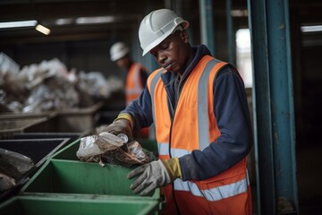 Recycling industrial worker sorting waste. Factory for sustainable rubbish management collect. Generate ai - obrazy, fototapety, plakaty
