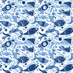 Fototapeta premium Generative Ai white and blue fish seamless pattern on white surface. Suitable for fabric, wallpaper, prints, home decoration products, children's clothing, etc.